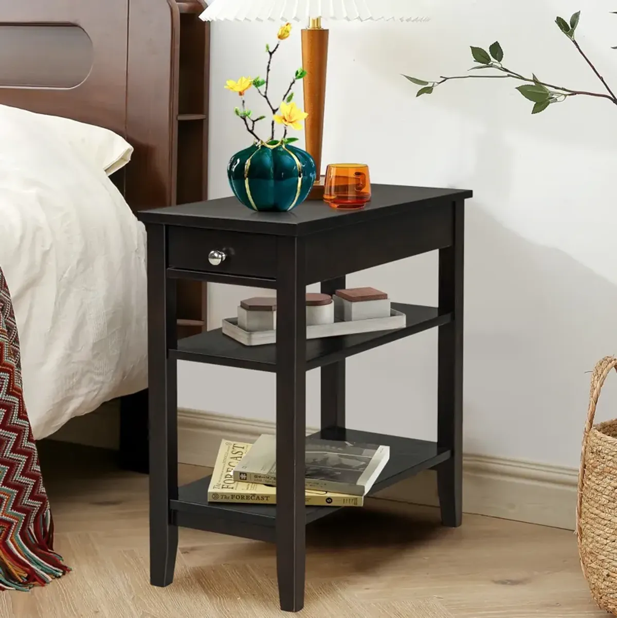 End Table with Drawer and 2-Tier Open Storage Shelves for Space Saving