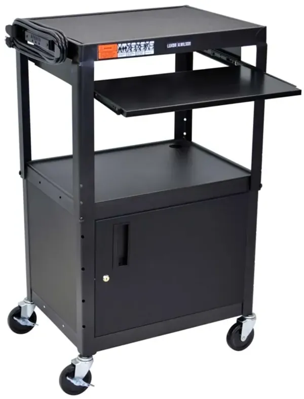 Luxor Adjustable Height Black Metal A/V Cart w/ Pullout Keyboard Tray and Cabinet