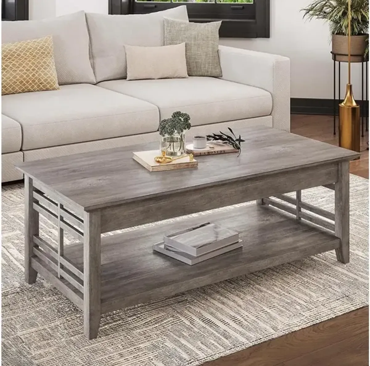 BELLEZE Modern Wood Coffee Table with Storage Shelf Two Tier