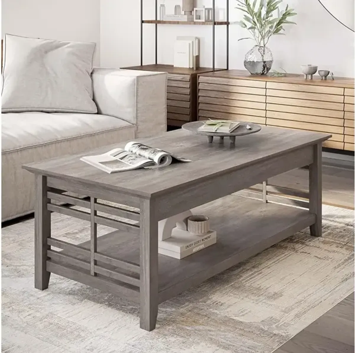 BELLEZE Modern Wood Coffee Table with Storage Shelf Two Tier