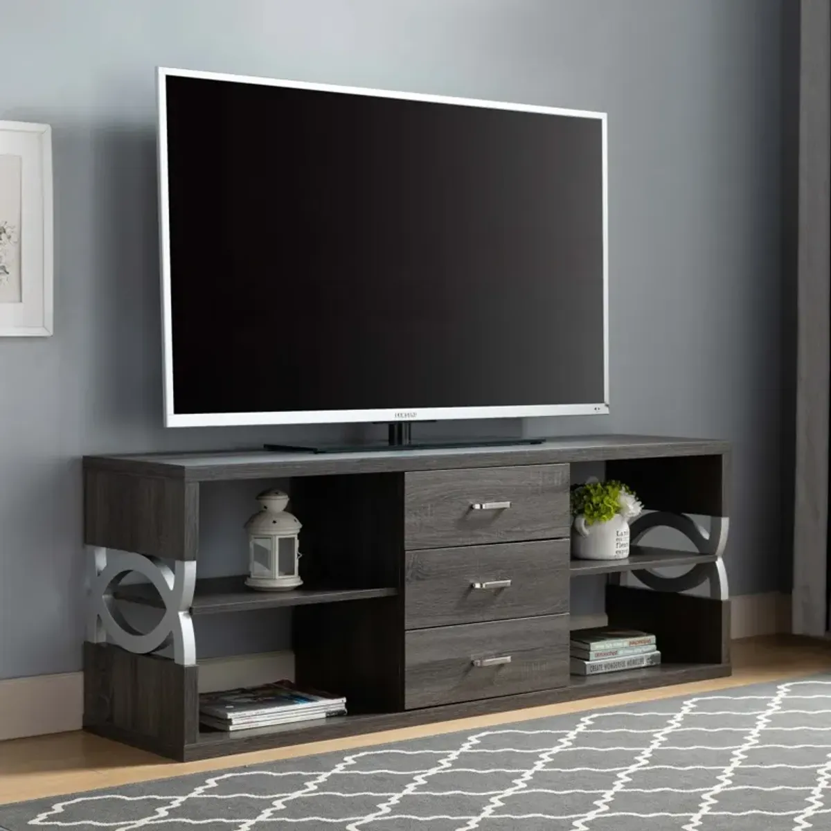 TV Stand Distressed Grey Silver