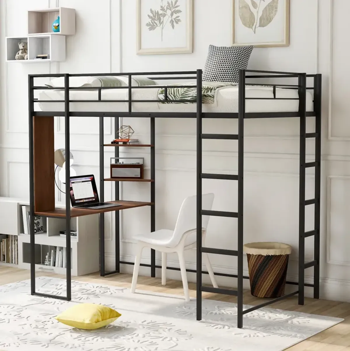 Merax Loft Bed Frame with 2 Built-in Ladders