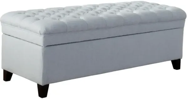 Rhya Storage Ottoman Bench, Light Blue Fabric, Black Wood, 50 Inch - Benzara