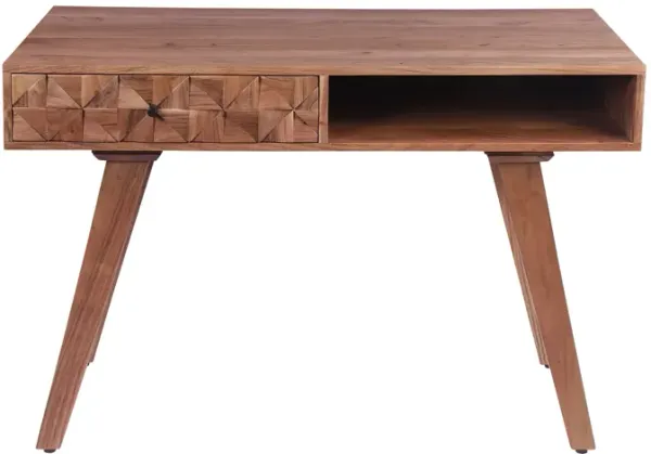 Reed 45 Inch Acacia Wood Desk, 3D Accent Drawer, Oak Brown-Benzara