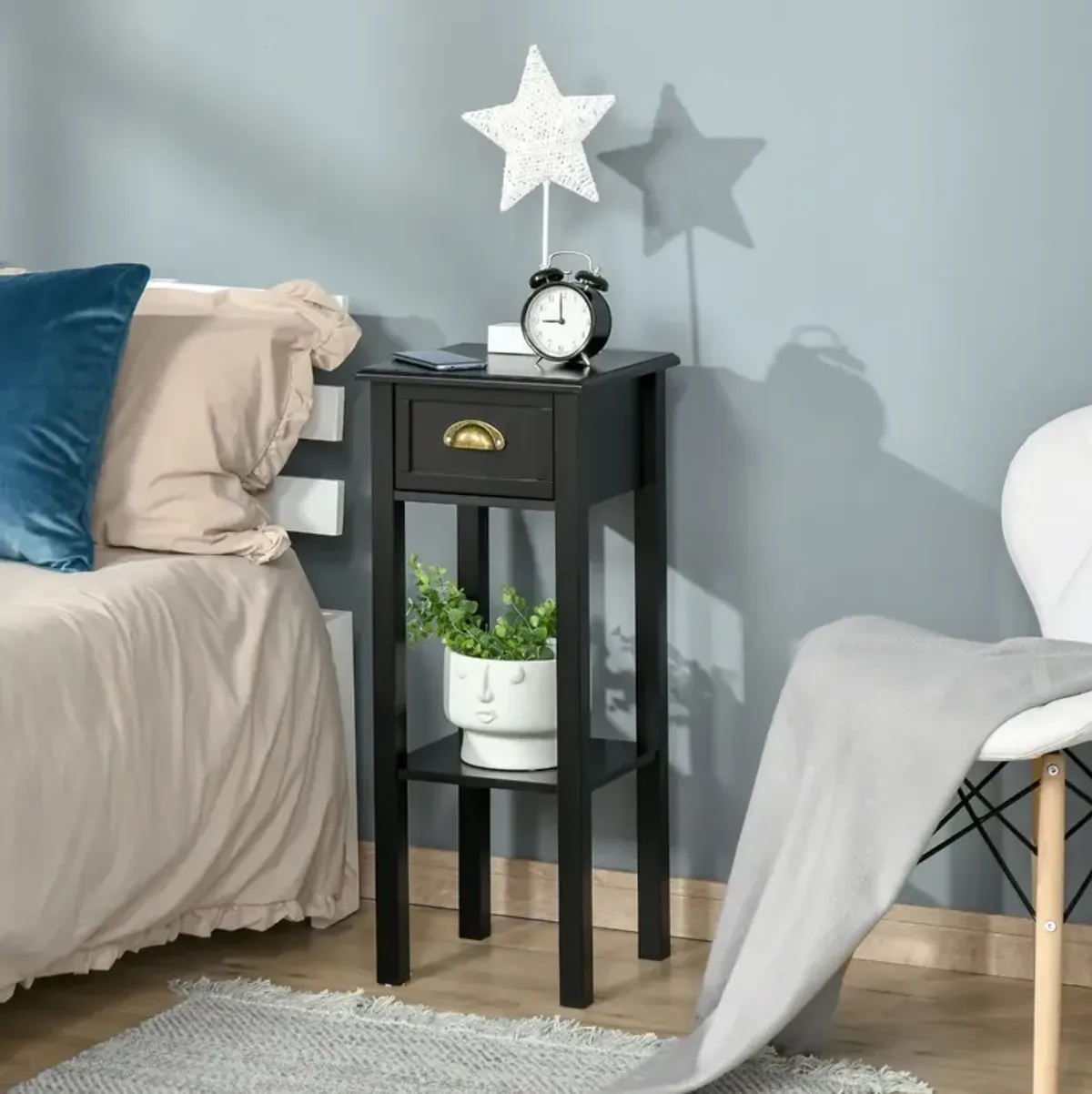 Black Slim Nightstand: 2-Tier Side Table with Drawer for Space Saving