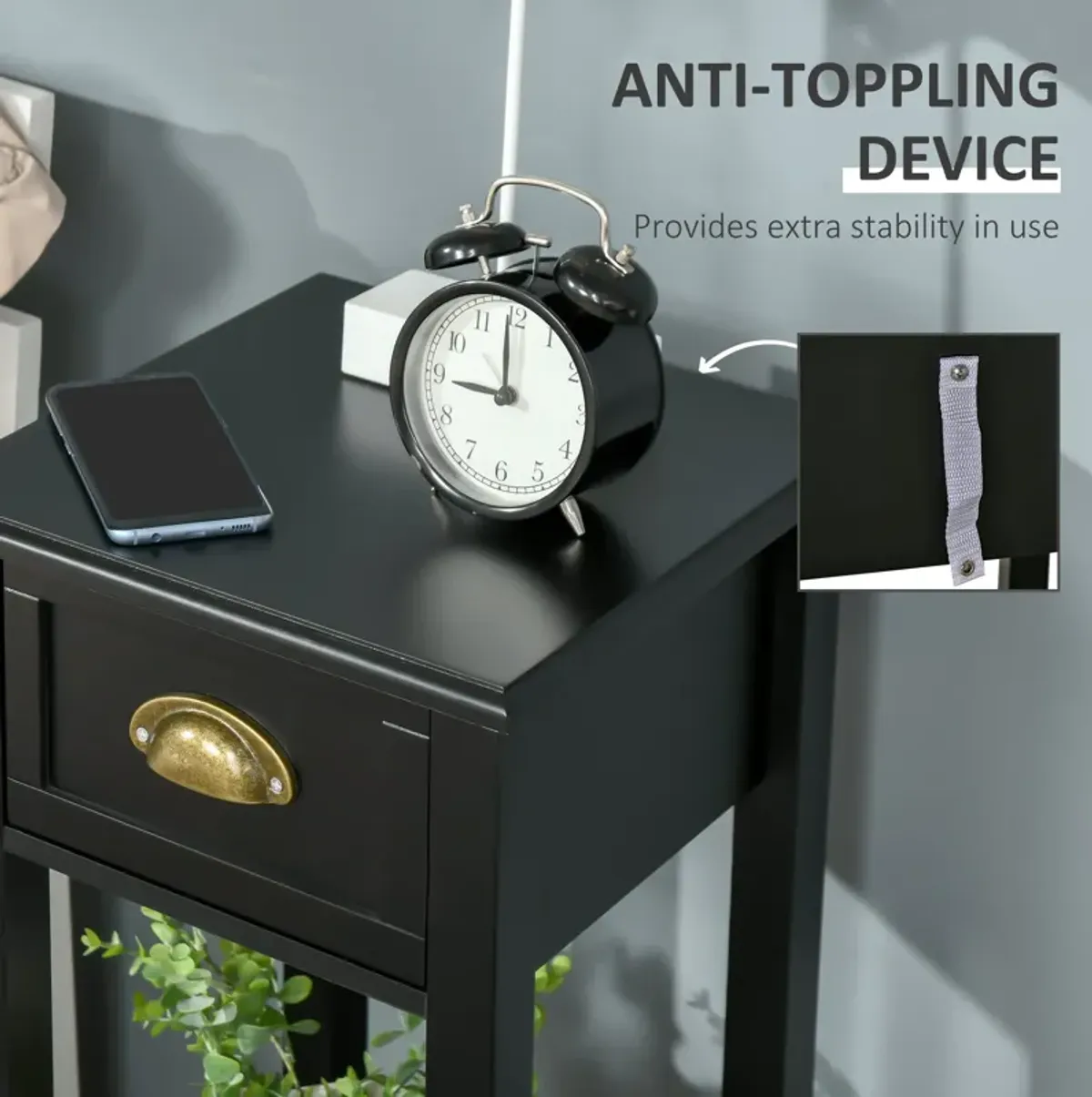 Black Slim Nightstand: 2-Tier Side Table with Drawer for Space Saving