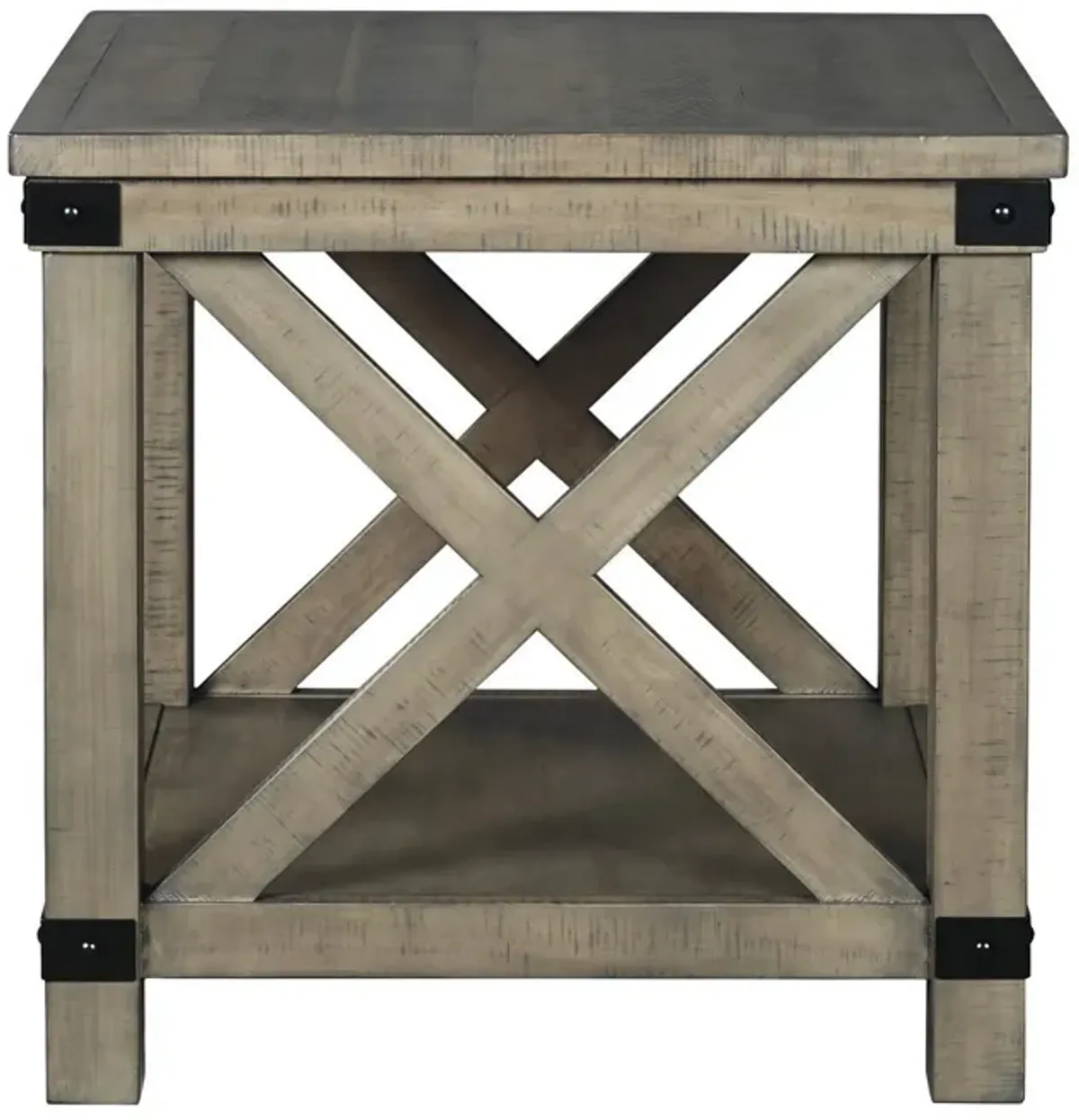 Farmhouse Style End Table with X Shaped Sides and Open Bottom Shelf, Gray-Benzara