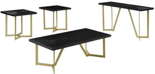 4pc Black wood top coffee table set w/ gold color iron base (1 coffee+2End+1console table)