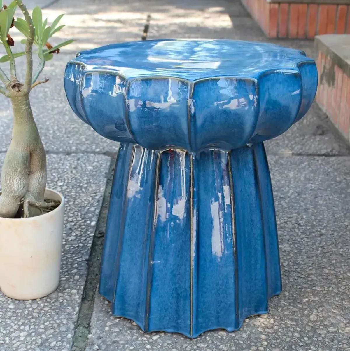 Navy Blue Round Scalloped Ceramic Garden Stool