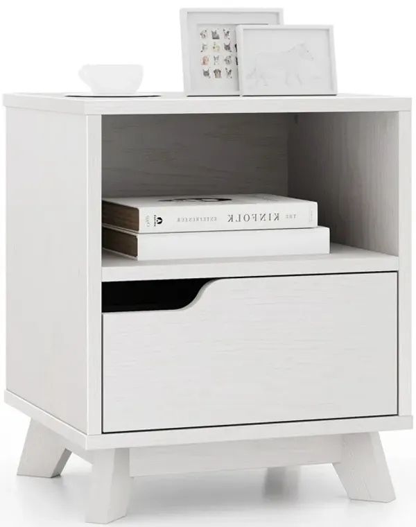 Mid Century Modern Bedside Table with Storage Drawer and Open Shelf-White