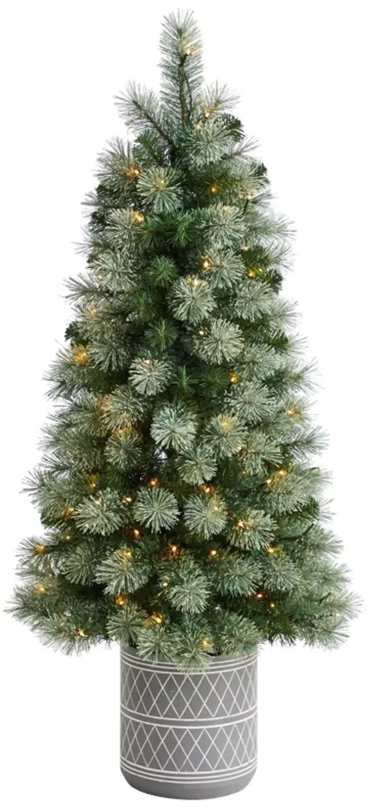 Nearly Natural 4.5-ft Nova Scotia Pine Artificial Christmas Tree in Engraved Geometric Stone Planter with 232 Bendable Branches and 120 Warm White LED Lights