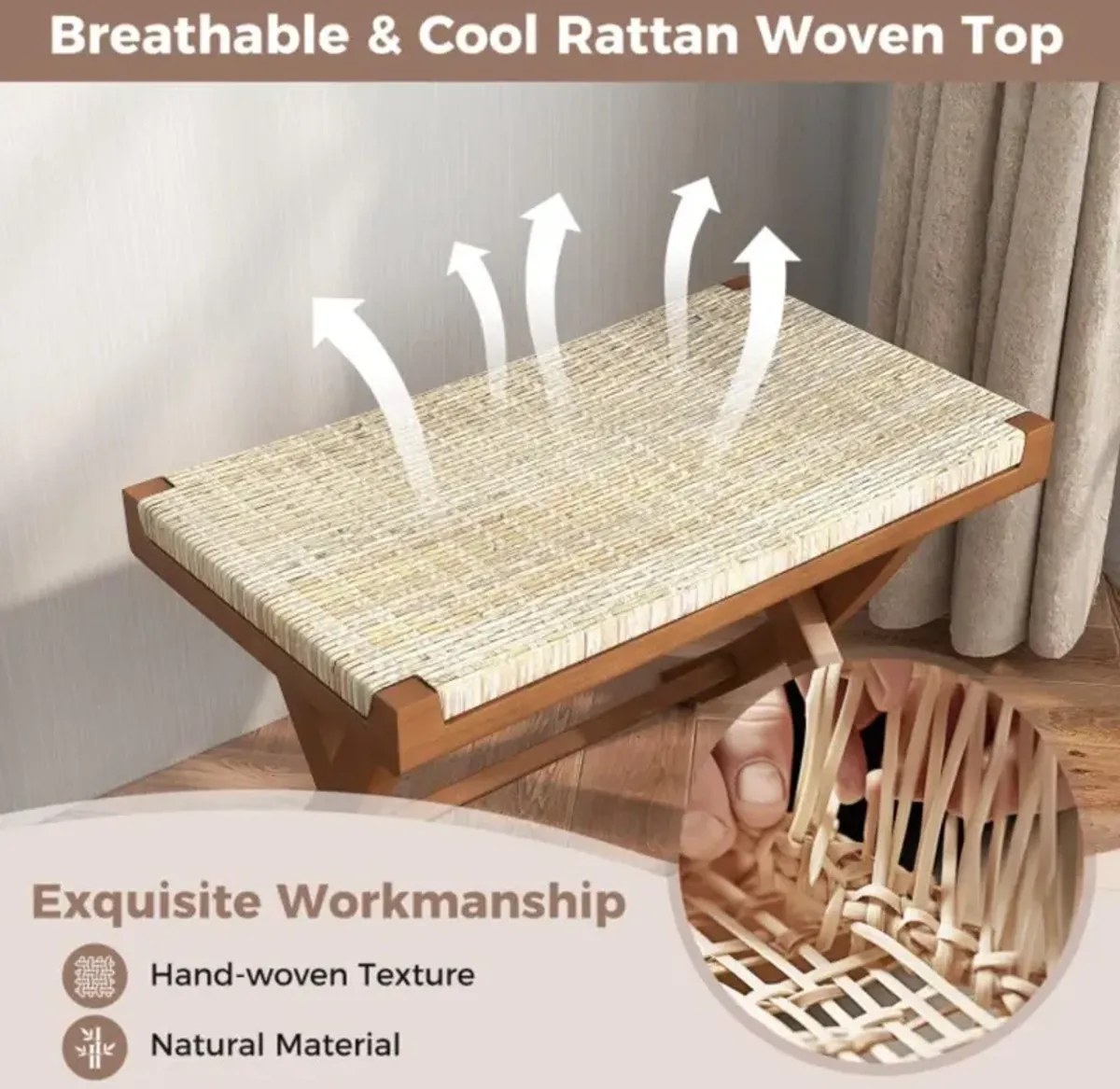 Hivvago Folding Natural Rattan Ottoman with Hand-woven Seat