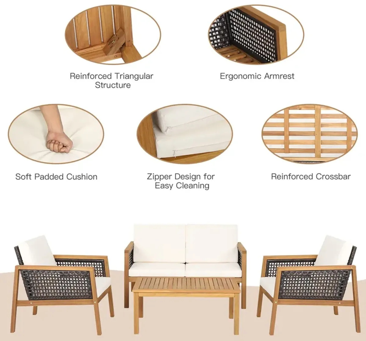 4 Pieces Patio Rattan Furniture Set with Removable Cushions