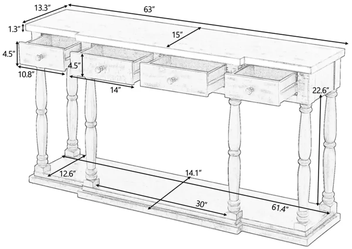 Merax Retro Senior Console Table for Hallway Living Room Bedroom with 4 Front Facing Storage Drawers and 1 Shelf