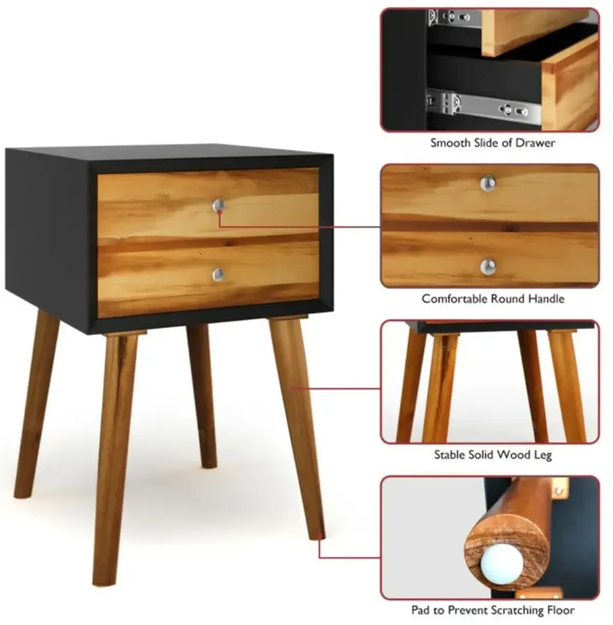 Hivvago Wooden Nightstand Mid-Century End Side Table with 2 Storage Drawers