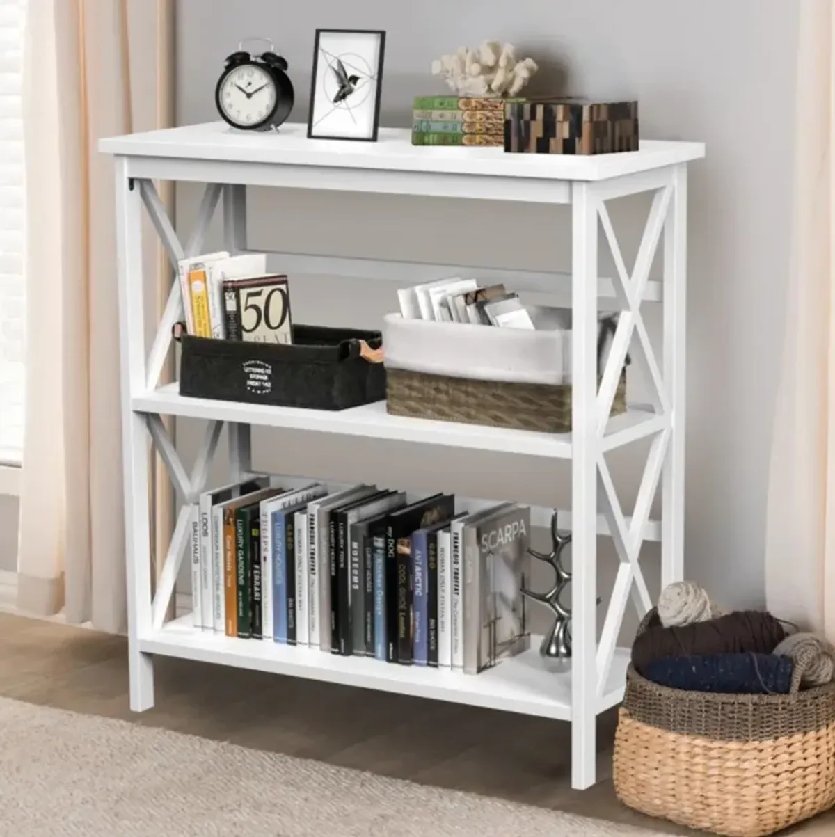 Hivvago 3-Tier Wooden Multi-Functional X-Design Etagere Storage Bookshelf