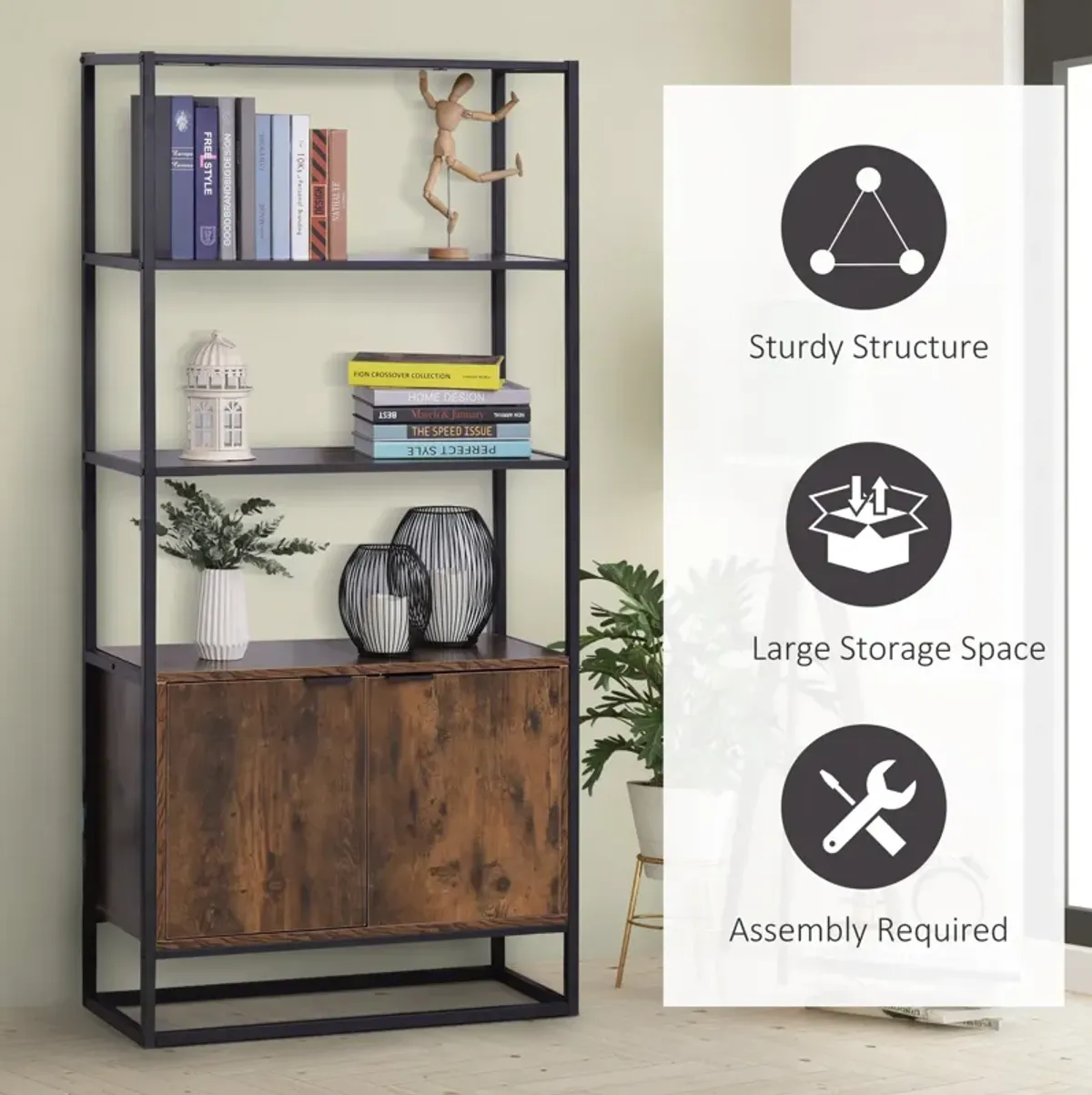 Rustic Brown Organizer: Tall Cabinet with Open Shelves for Living Room