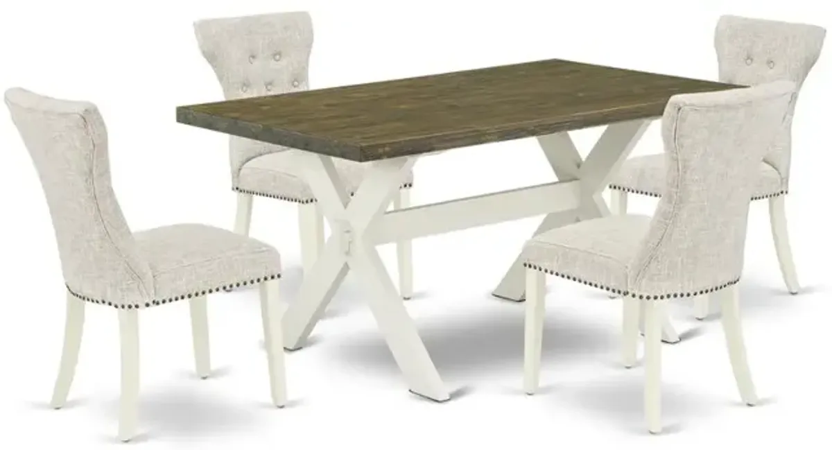 East West Furniture 5-Piece Dining room Table Set Included 4 Kitchen Dining chairs Upholstered Nails Head Seat and High Button Tufted Chair Back and Rectangular Dinette Table with Distressed Jacobean