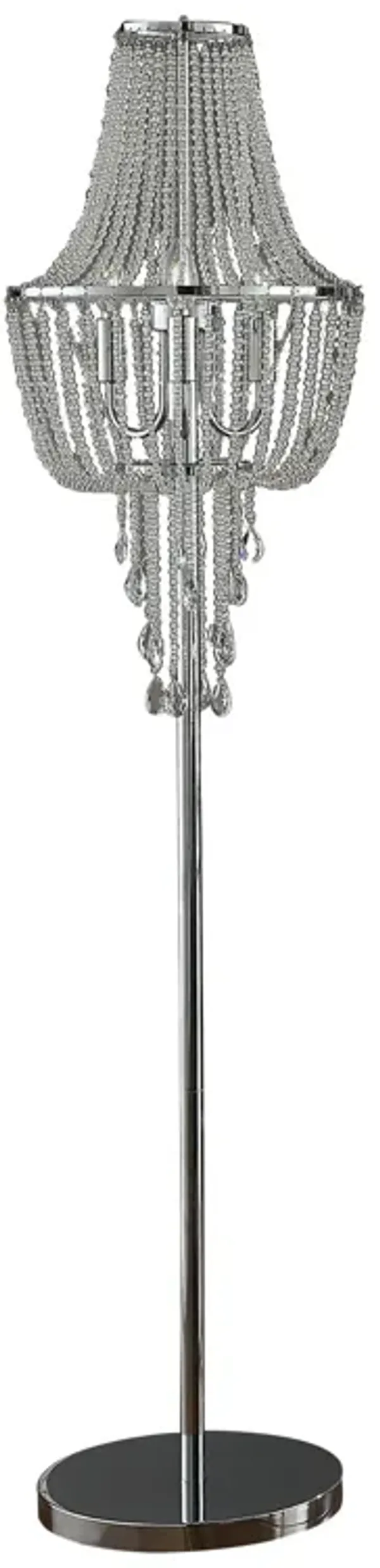 Cara 62 Inch Floor Lamp, Hanging Drop Design, Crystal and Metal, Chrome-Benzara