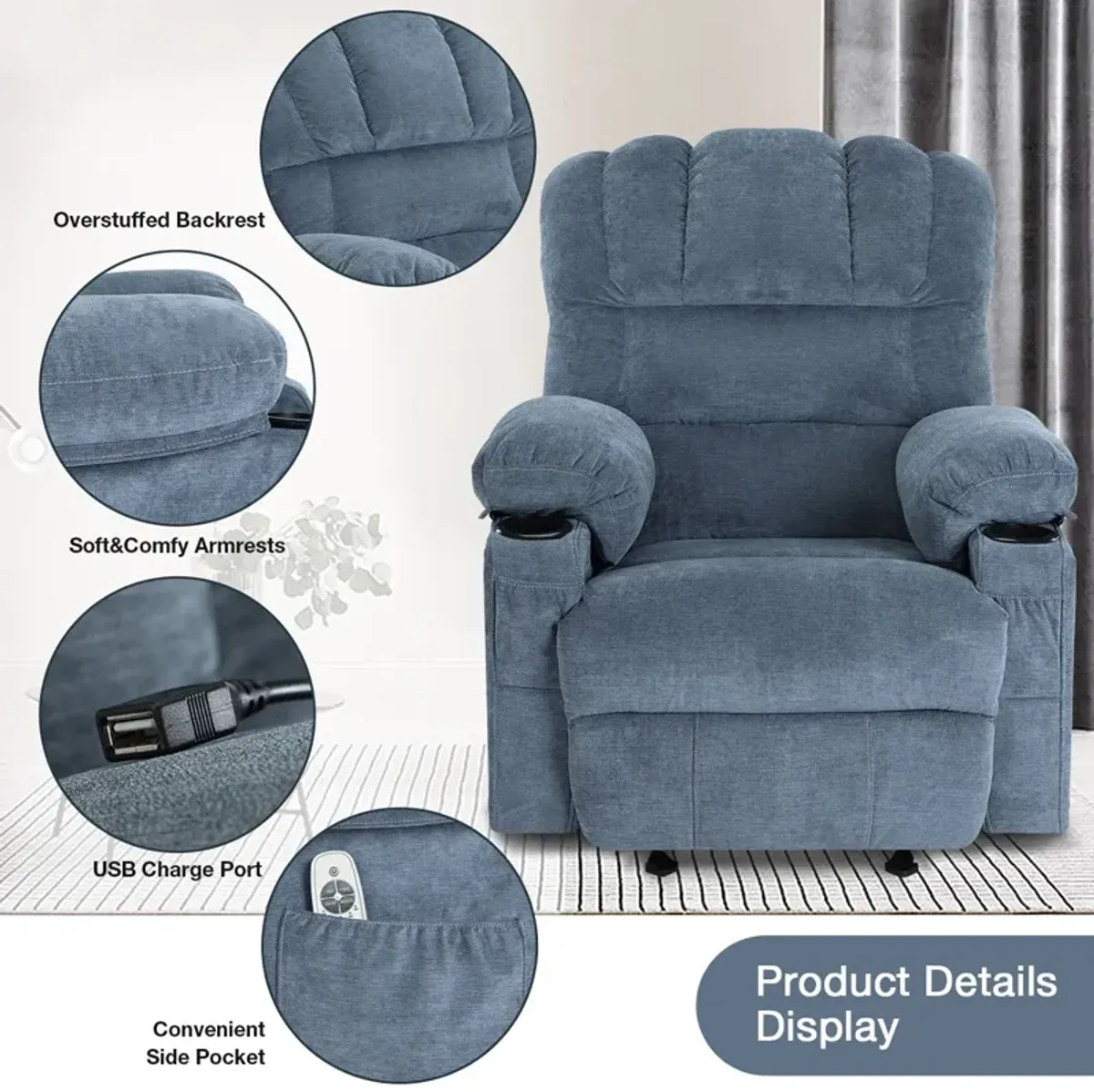 29 in. W Fabric Recliner with Rocking, Remote Control, Tufted and Storage