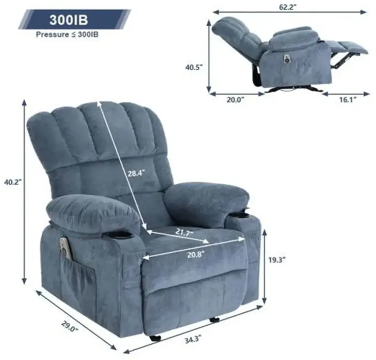 29 in. W Fabric Recliner with Rocking, Remote Control, Tufted and Storage