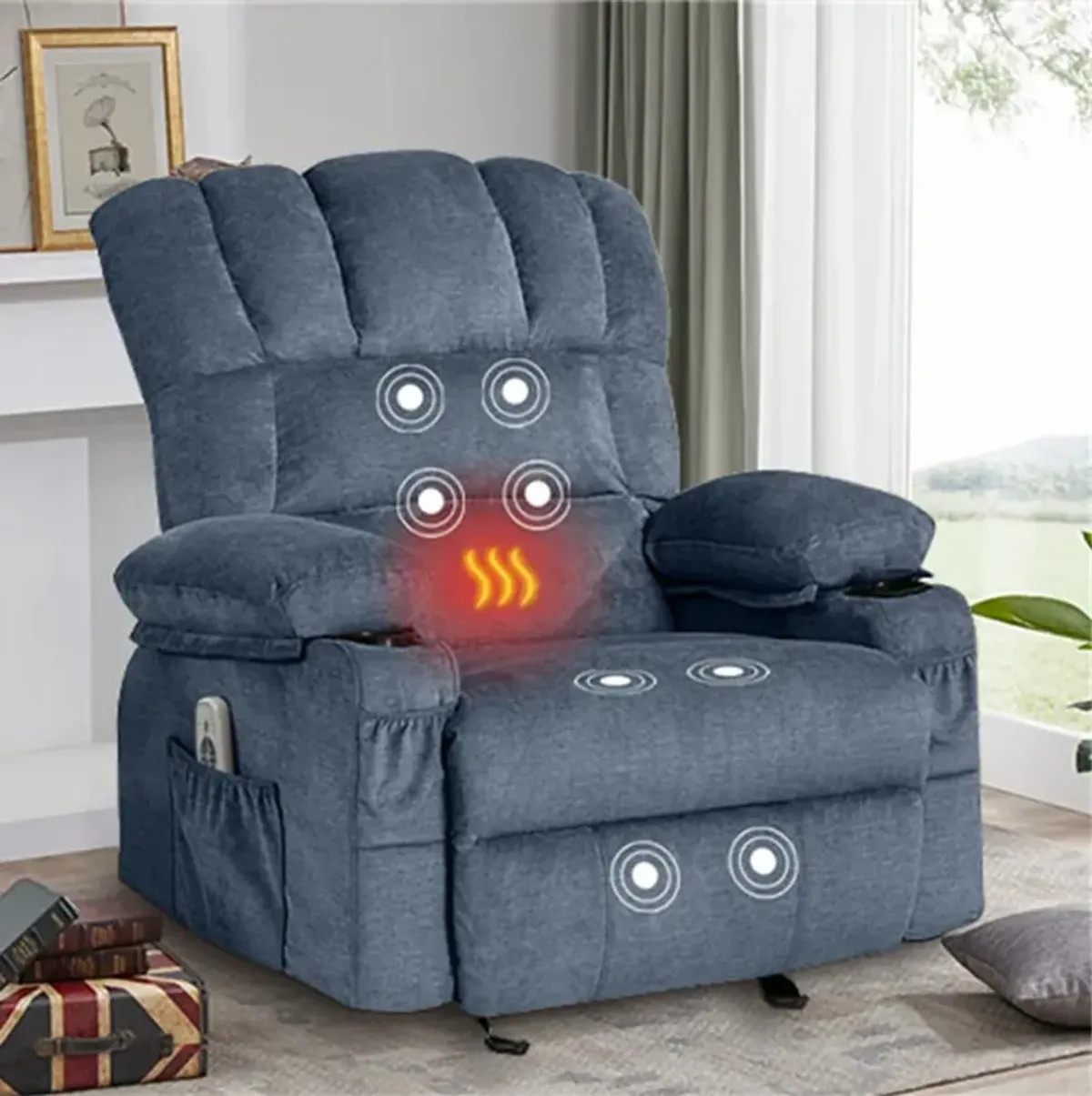 29 in. W Fabric Recliner with Rocking, Remote Control, Tufted and Storage