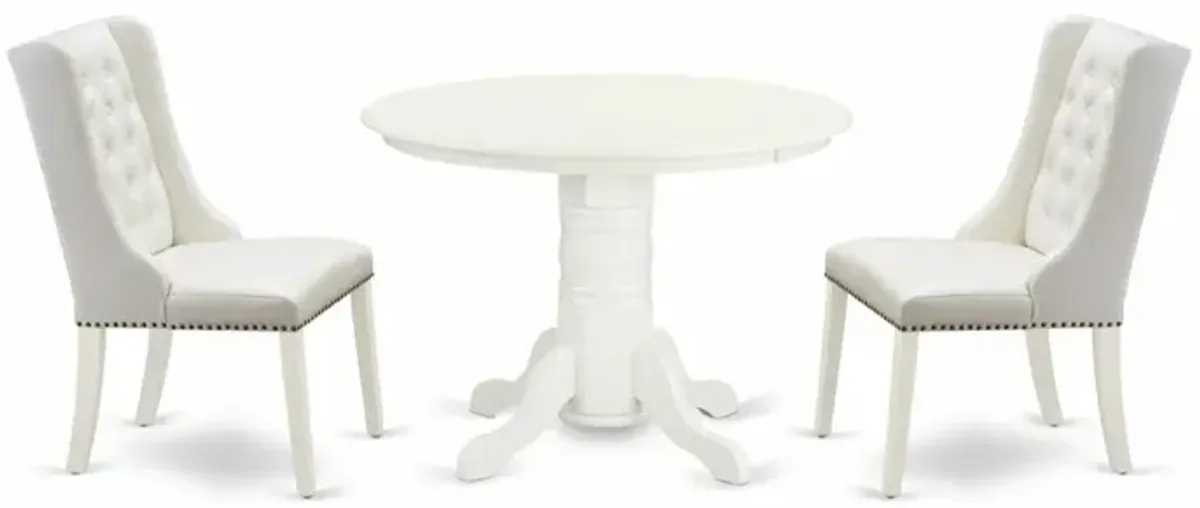 East West Furniture SHFO3-WHI-44 3-Pc Kitchen Room Table Set Includes 1 Pedestal Dining Table and 2 Light Grey Linen Fabric Mid Century Dining Chairs with Button Tufted Back - Linen White Finish