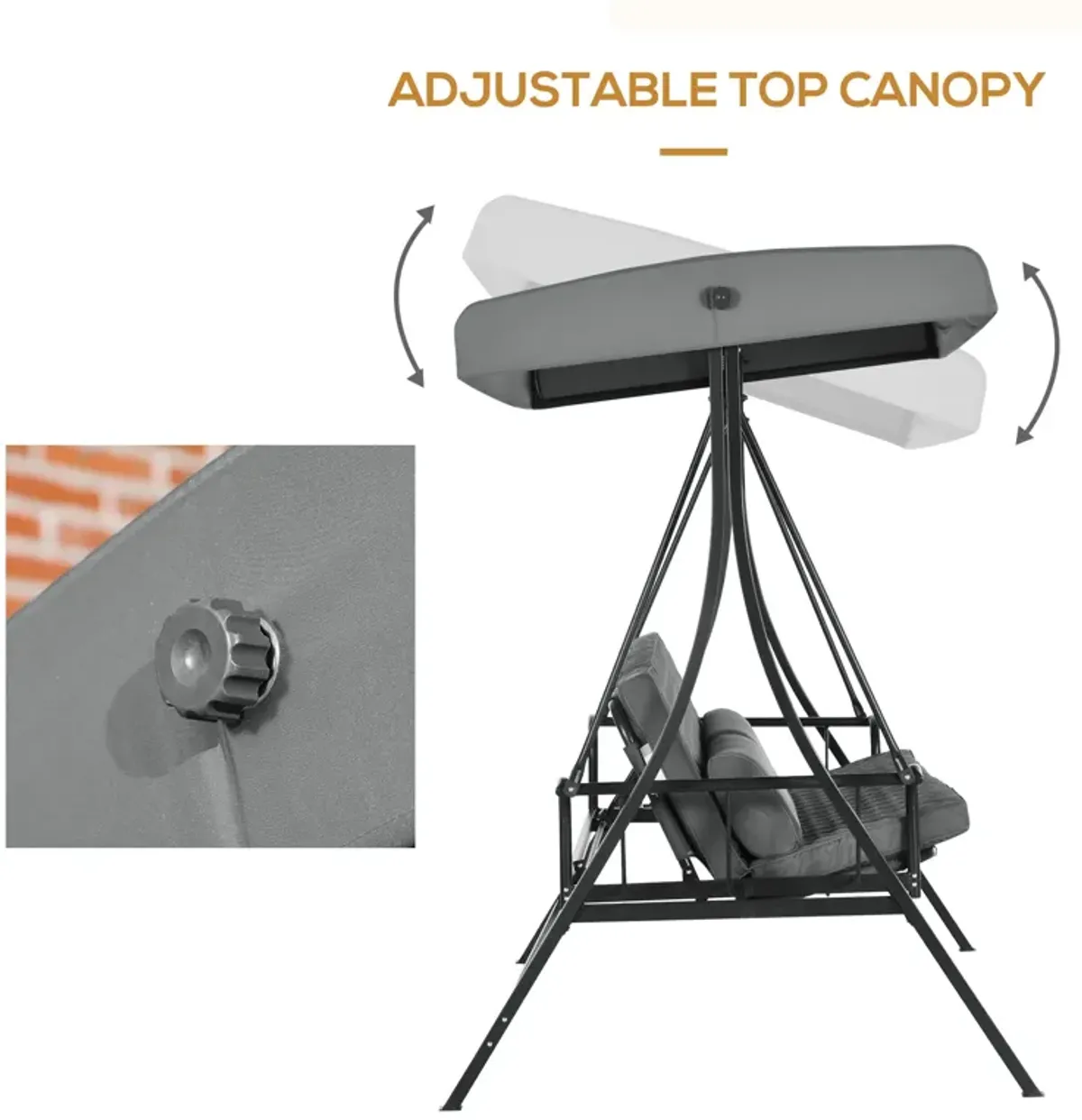 Dark Gray Outdoor Comfort: 3-Person Swing Seat with Adjustable Canopy