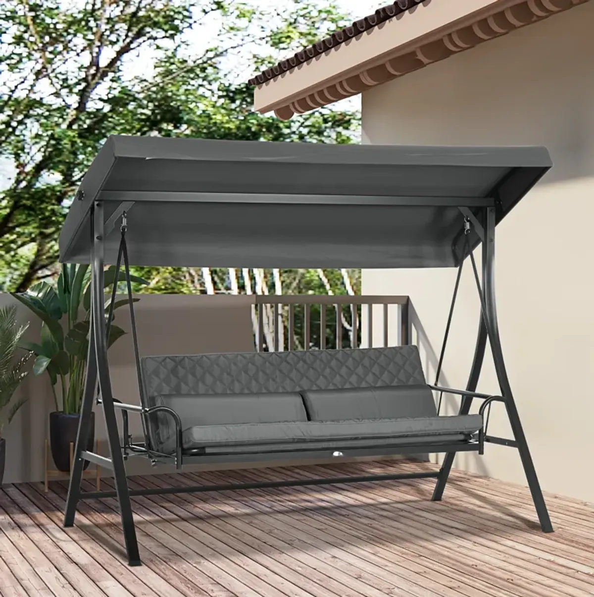 Dark Gray Outdoor Comfort: 3-Person Swing Seat with Adjustable Canopy