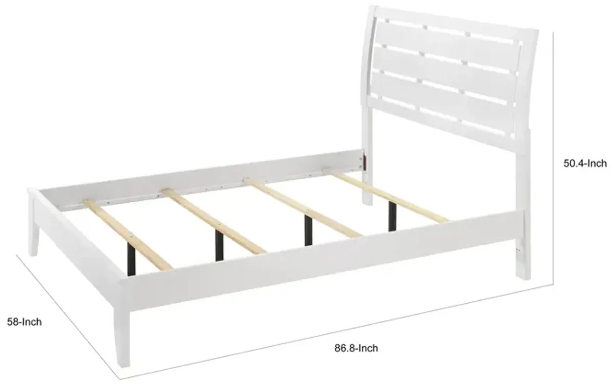 Benjara Eve Full Size Bed, Slatted Headboard, Chamfered Legs, White Wood, Modern