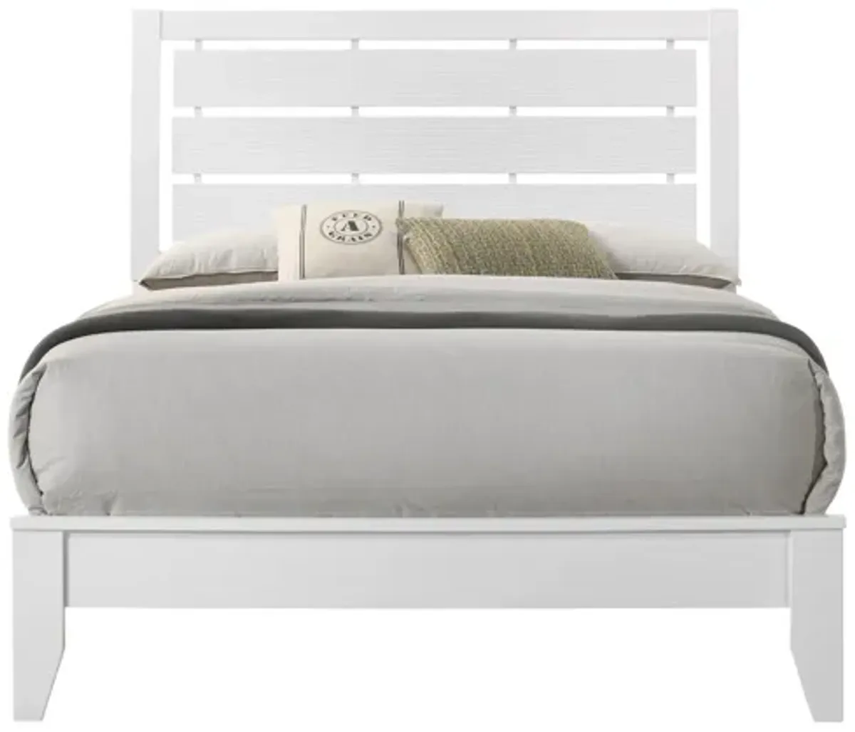 Benjara Eve Full Size Bed, Slatted Headboard, Chamfered Legs, White Wood, Modern