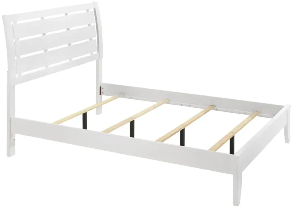 Benjara Eve Full Size Bed, Slatted Headboard, Chamfered Legs, White Wood, Modern