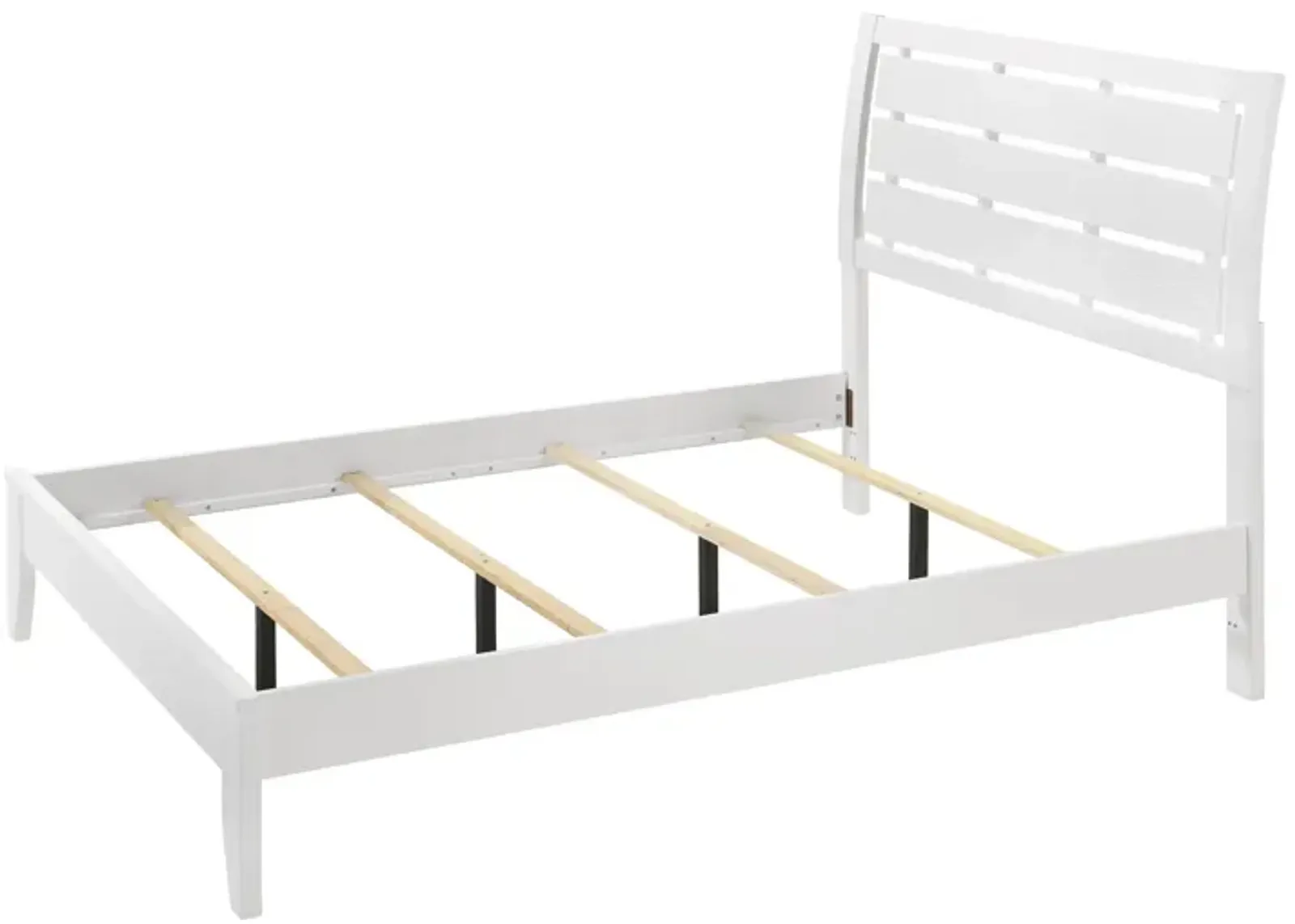 Benjara Eve Full Size Bed, Slatted Headboard, Chamfered Legs, White Wood, Modern