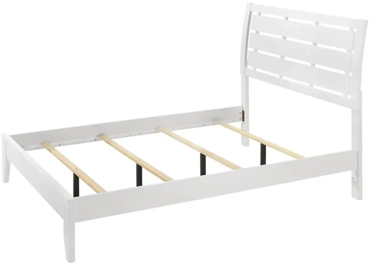 Benjara Eve Full Size Bed, Slatted Headboard, Chamfered Legs, White Wood, Modern