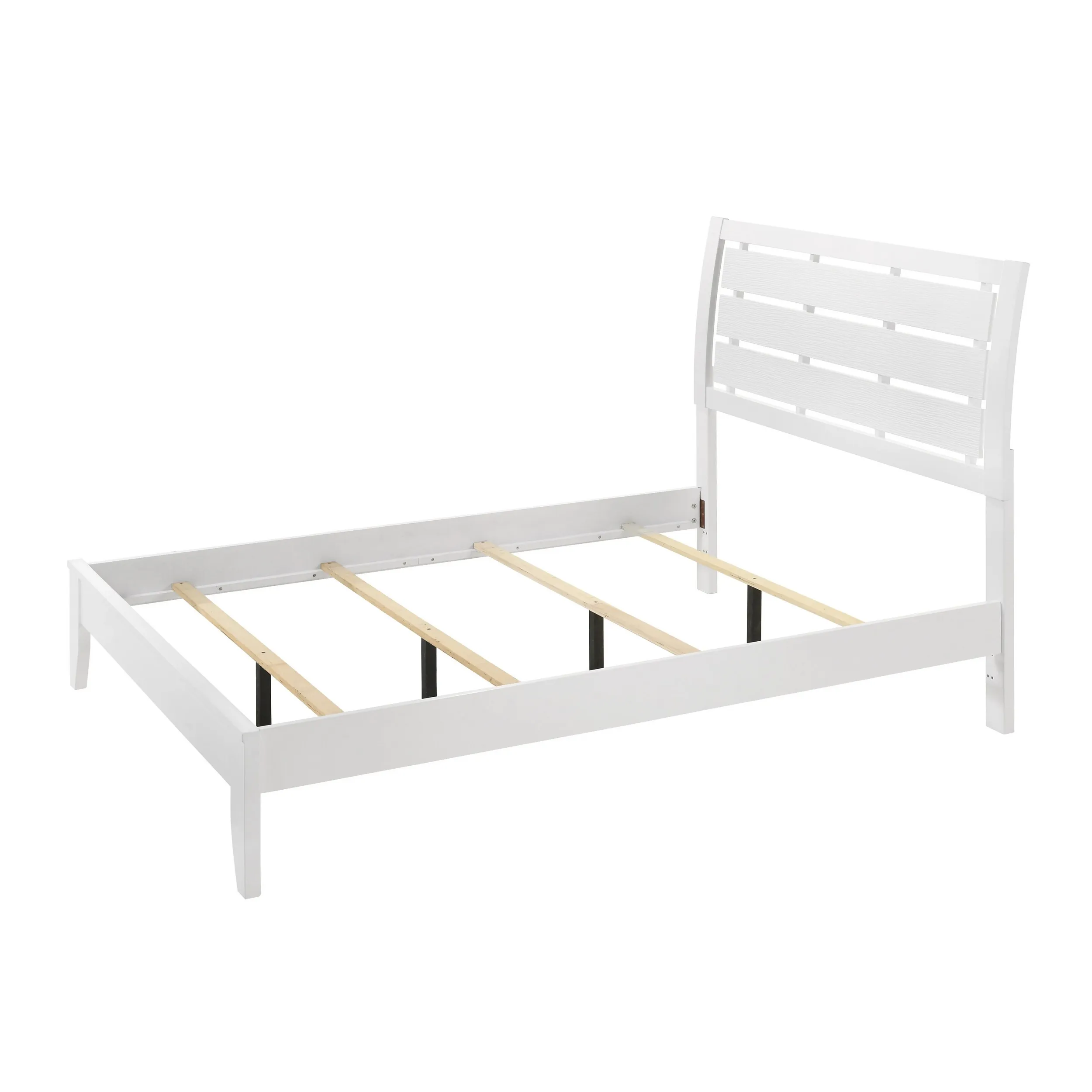 Benjara Eve Full Size Bed, Slatted Headboard, Chamfered Legs, White Wood, Modern