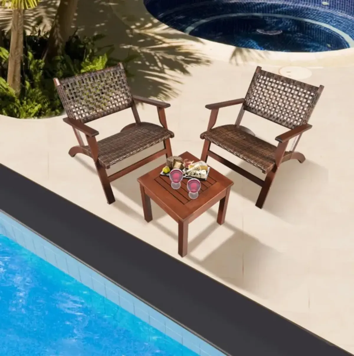 Hivvago 3 Pieces Outdoor Wooden Patio Rattan Furniture Set