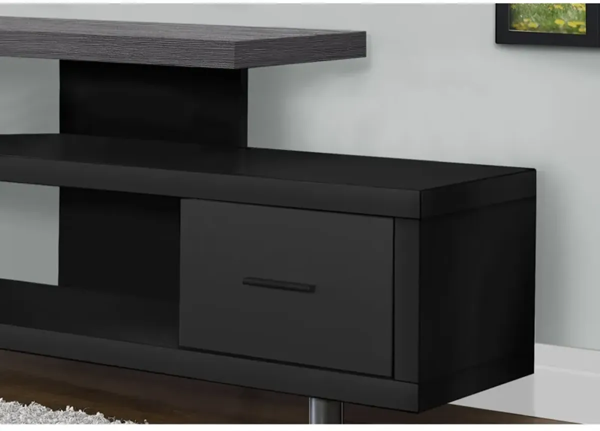 Sleek and Modern Ergode TV Stand - Black Finish with Grey Wood Grain Top, Open Shelving, and Media Storage Drawer. Suitable for all TV sizes.