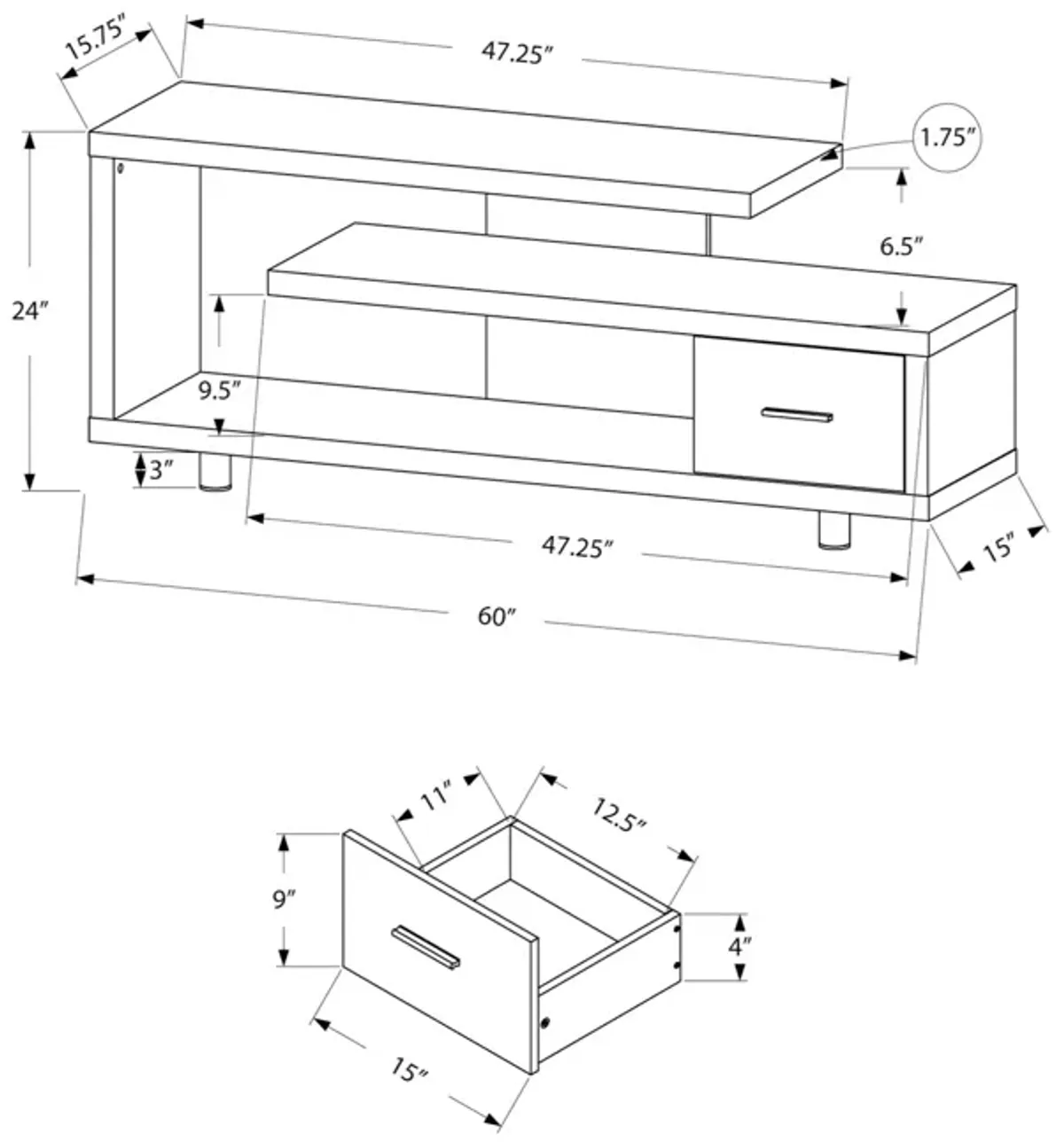 Sleek and Modern Ergode TV Stand - Black Finish with Grey Wood Grain Top, Open Shelving, and Media Storage Drawer. Suitable for all TV sizes.