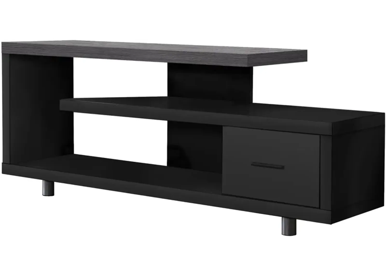 Sleek and Modern Ergode TV Stand - Black Finish with Grey Wood Grain Top, Open Shelving, and Media Storage Drawer. Suitable for all TV sizes.