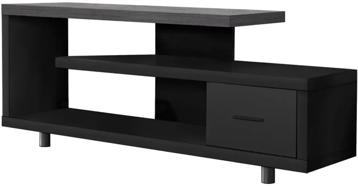 Sleek and Modern Ergode TV Stand - Black Finish with Grey Wood Grain Top, Open Shelving, and Media Storage Drawer. Suitable for all TV sizes.