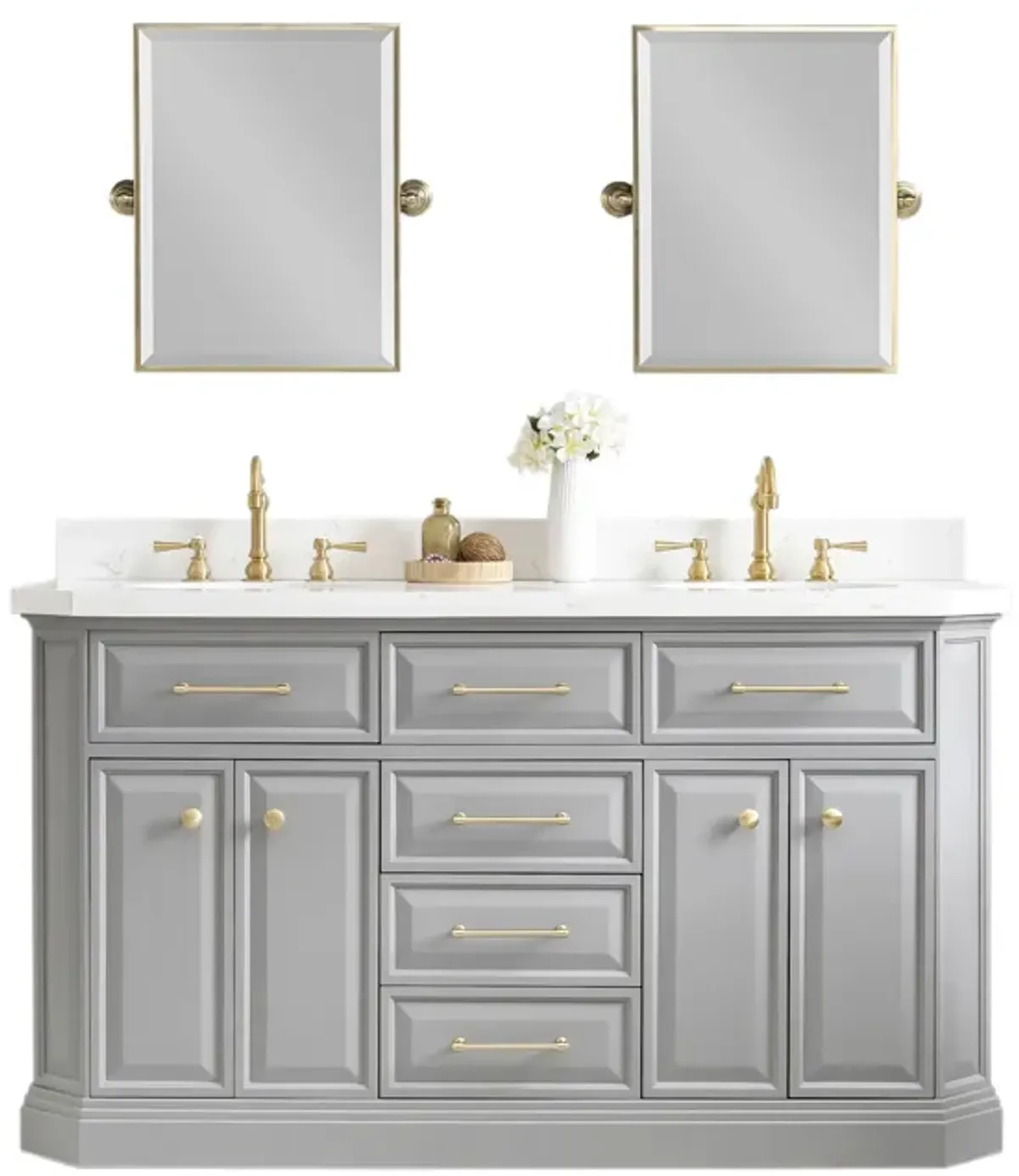 Palace 60 In. Double Sink Carrara Quartz Countertop Bath Vanity in Cashmere Grey with Satin Gold Hardware, Hook Faucets and Rectangular Pivot Mirrors