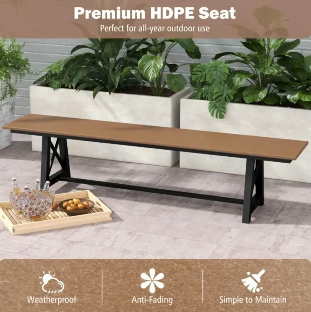 Hivvago 3-4 Person Outdoor HDPE Bench with Metal Frame-Brown