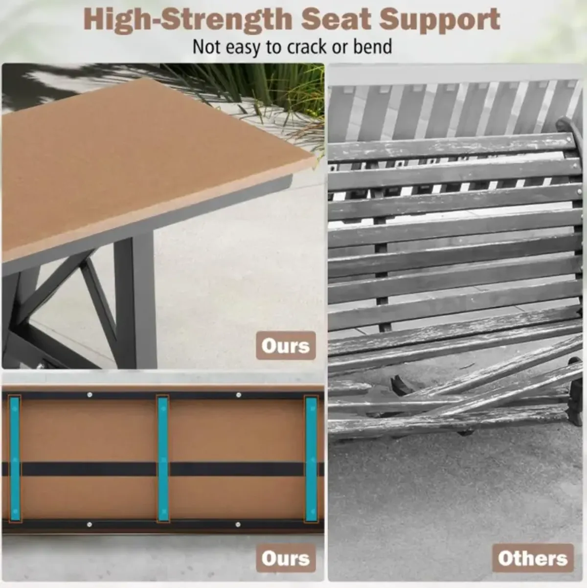 Hivvago 3-4 Person Outdoor HDPE Bench with Metal Frame-Brown