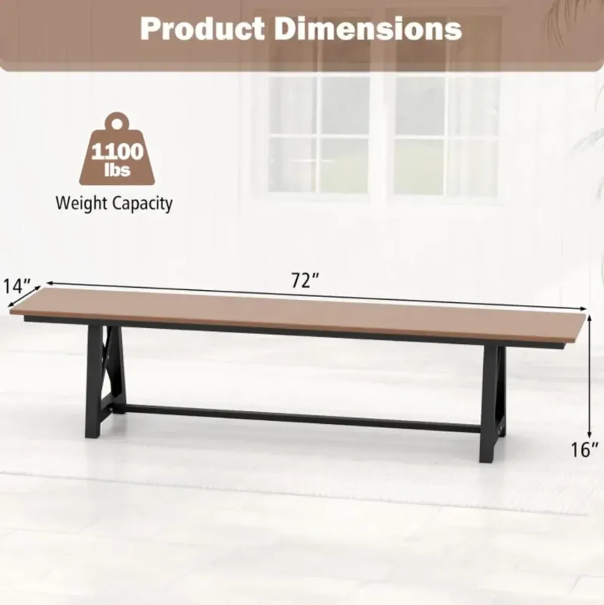 Hivvago 3-4 Person Outdoor HDPE Bench with Metal Frame-Brown