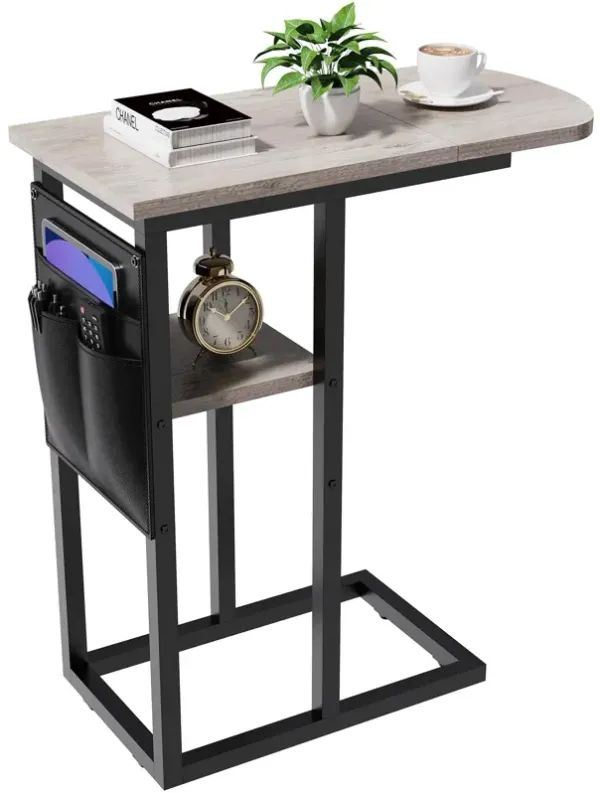 eiskah C Table End Table with Side Pocket, Couch C Shaped Side Table for Living Room, Bedroom, Tall Side Table with Storage Bag