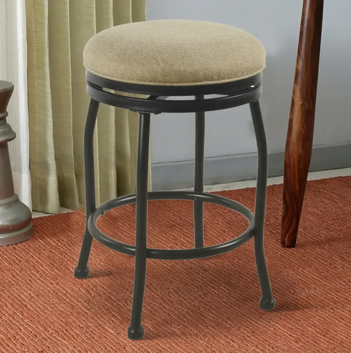 Metal Counter Stool with Swivelling Fabric Padded Seat, Beige and Black - Benzara