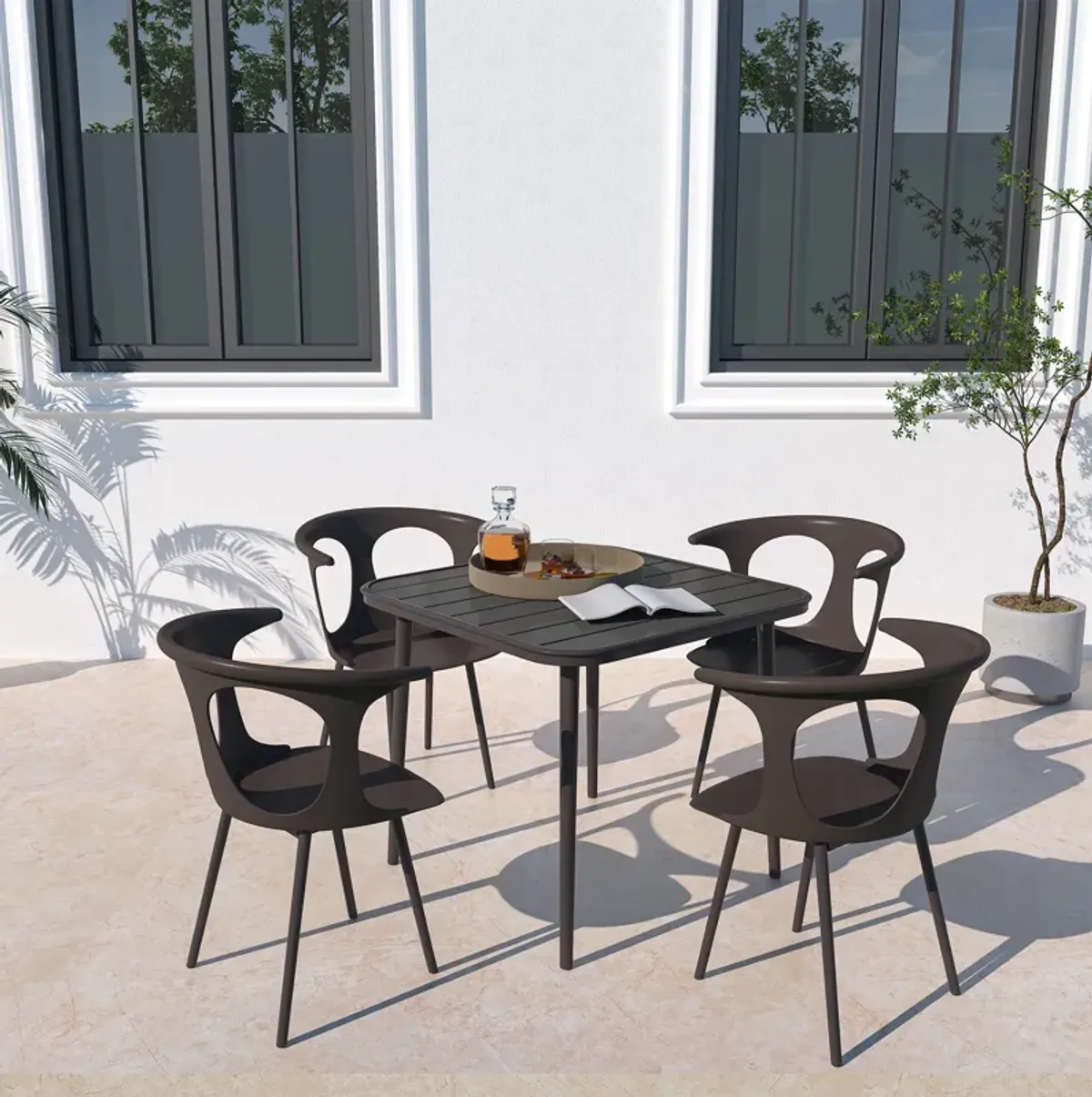 5-Piece Rattan Patio Conversation Set with Gray Cushions