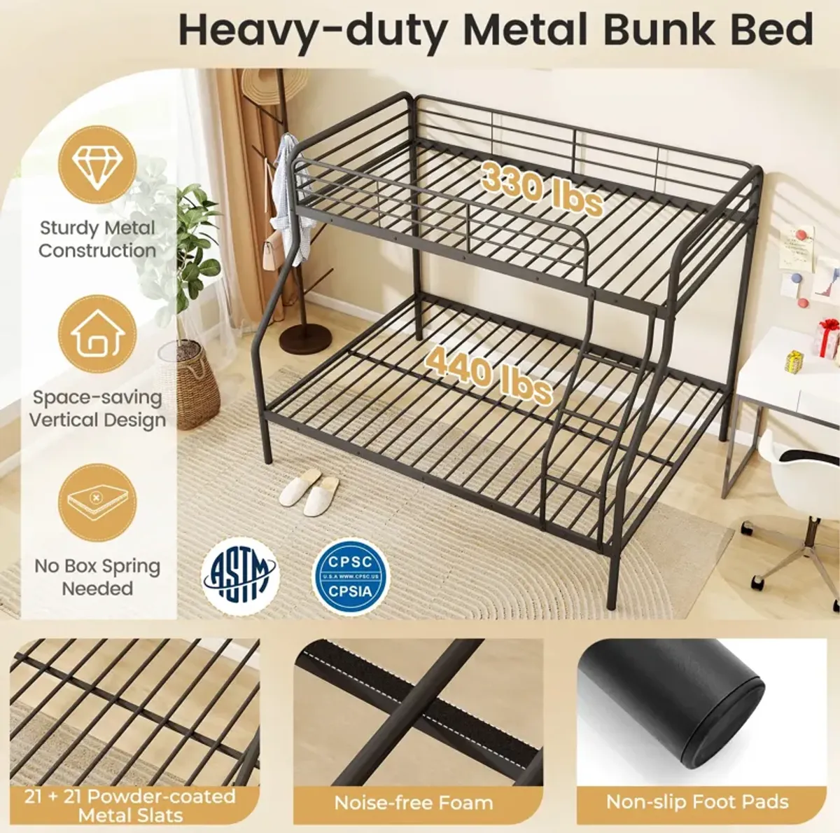 Bunk Bed with Ladder and Full-length Guardrails