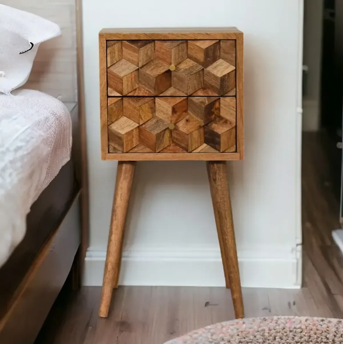 Mini Cube Carved 2 Drawer Nightstand