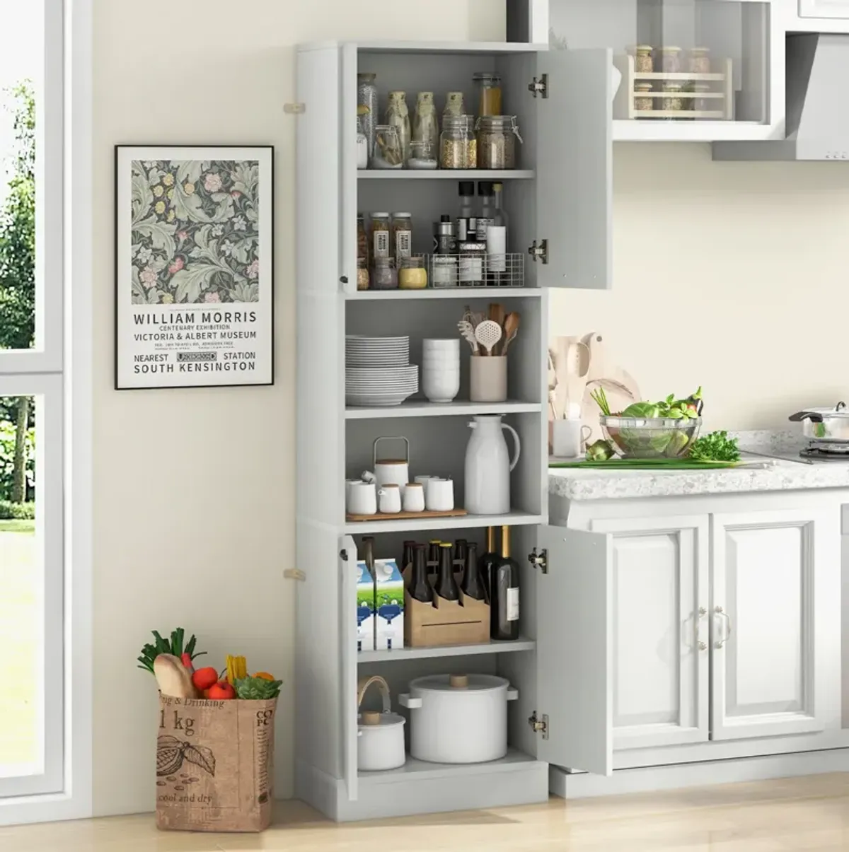 75 Inch Kitchen Pantry Cabinet Tall Cupboard with Doors and Shelves